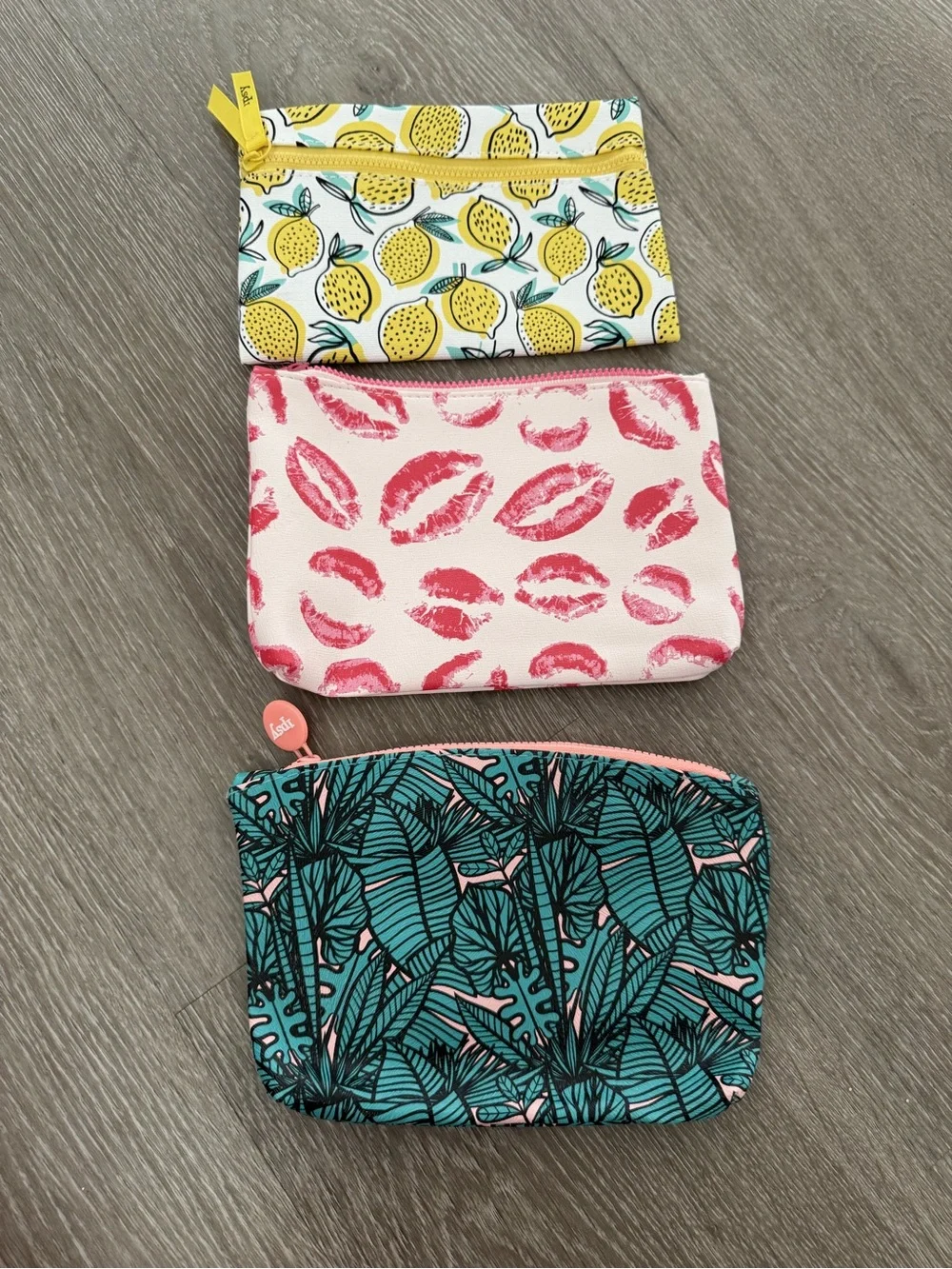 Set of 3 Women's Printed Cosmetic Pouches - Lemon, Lip Print, Tropical